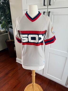 MLB Sand Knit Chicago White Sox Gray Jersey with Red & Navy Stripes 1983 50th